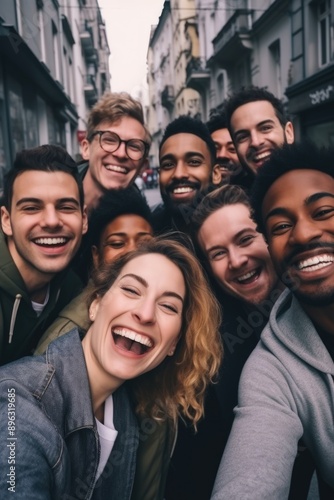 A cheerful group of people posing together on a city street, with smiling faces and laughter suggesting they are enjoying their time outdoors.