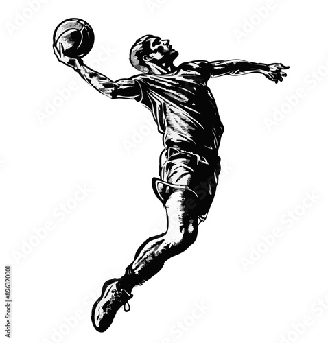 Basketball player dunking the ball. Dynamic black and white illustration.