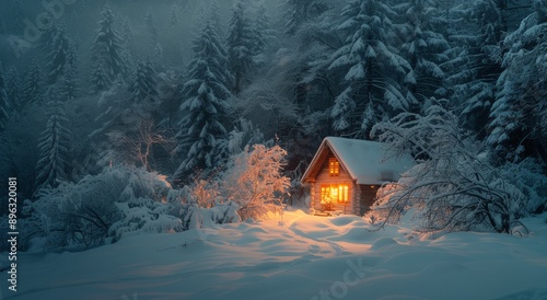 Snowy Cabin In The Woods At Dusk