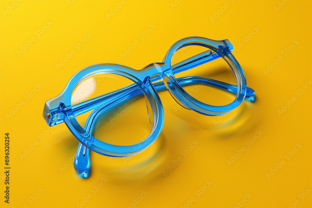 a blue glasses on a yellow surface a blue glasses on a yellow surface