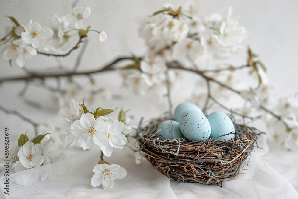 a nest with blue speckled eggs and white flowers a nest with blue speckled eggs and white flowers