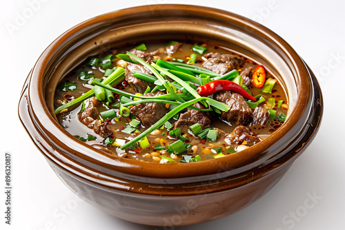 a bowl of soup with meat and green onions photo