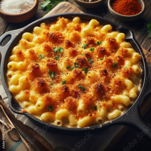 Macarrão ao molho branco ao sugo, gratinado com queijo ralado por cima e folhinhas de salsinha, feitos na frigideira de ferro. photo