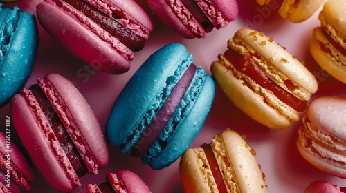 Colorful macarons on a pink background. The image is taken from a top-down perspective and the macarons are arranged in a visually appealing way. photo