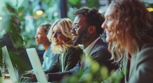 Smiling Coworkers Using Laptops