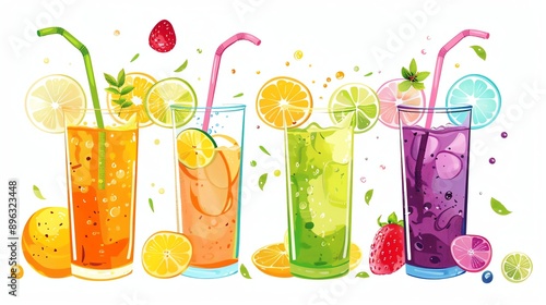 Four glasses of fresh fruit juice. There are orange, lemon, lime, and blueberry juices. The juices are decorated with slices of fruit and mint leaves.