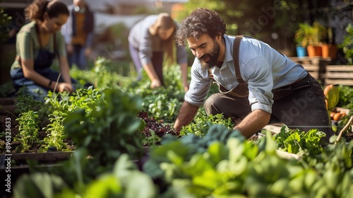 A young man is harvesting lettuce in a community garden. He is smiling and looks happy.