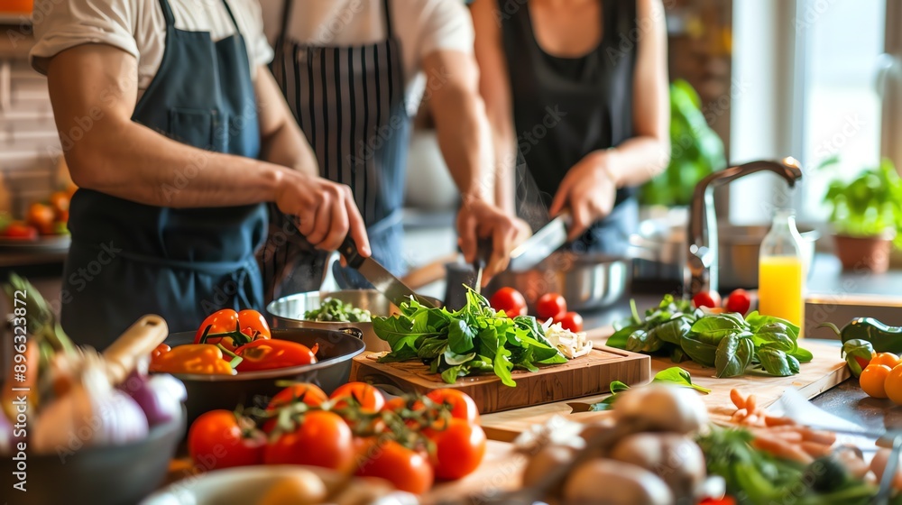 Three people are cooking in a kitchen. They are chopping vegetables and herbs. There are many different types of vegetables on the counter. Three people are cooking in a kitchen. They are chopping vegetables and herbs. There are many different types of vegetables on the counter.