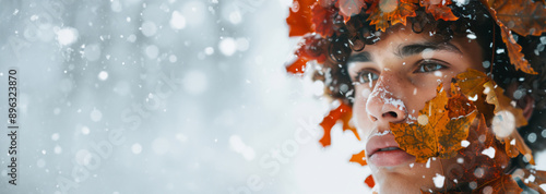 Young Man With Curly Hair and Freckles in Winter