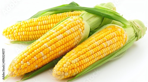 A close-up image of a pile of fresh corn on the cob. The corn is yellow and has green husks. The image is well-lit and the colors are vibrant. photo