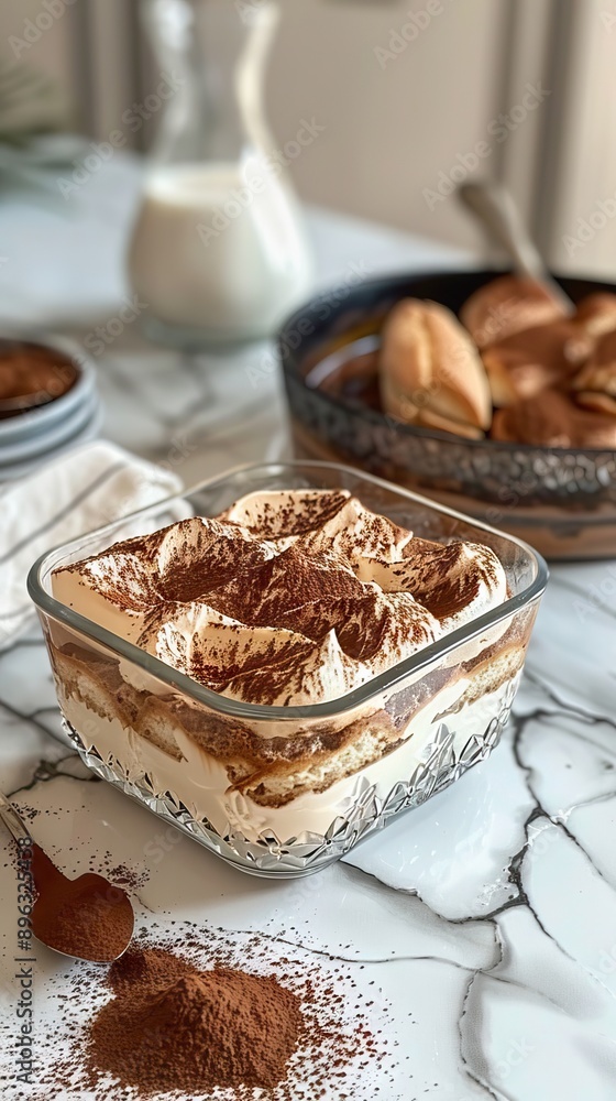 Tiramisu cake dessert served with coffee, biscuit and cocoa as ingredients on a bright white background. One piece. AI generated illustration Tiramisu cake dessert served with coffee, biscuit and cocoa as ingredients on a bright white background. One piece. AI generated illustration