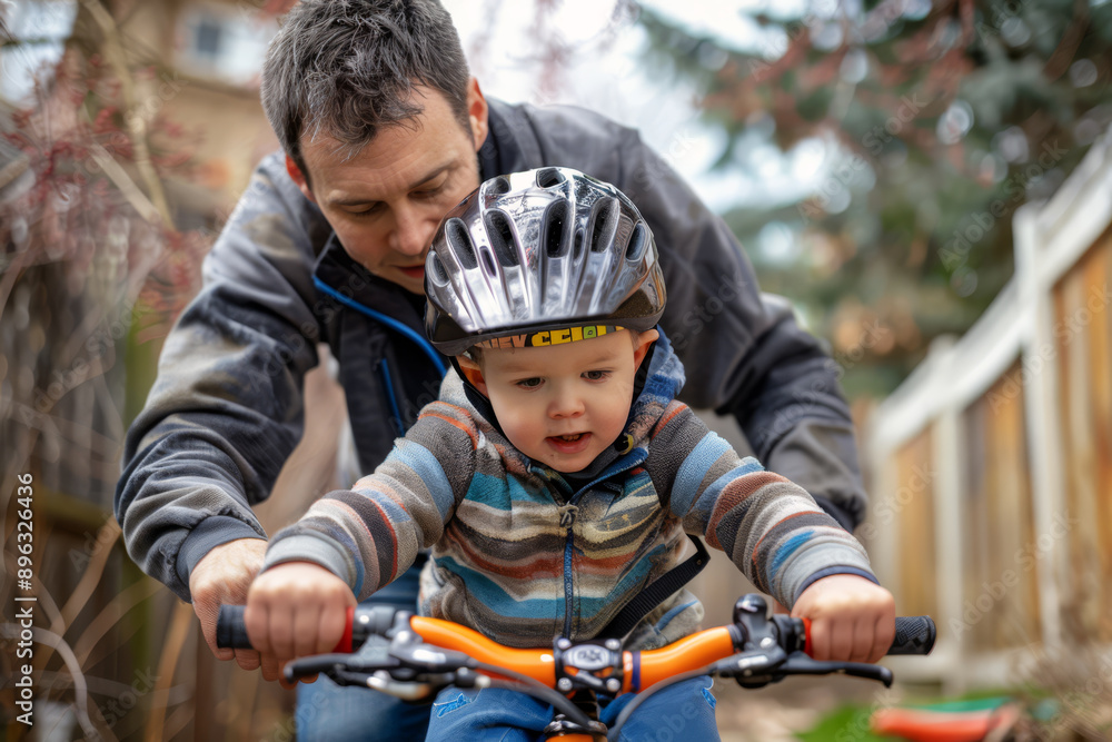 Fototapeta premium Learning to Ride, Father and Son Bike Adventure