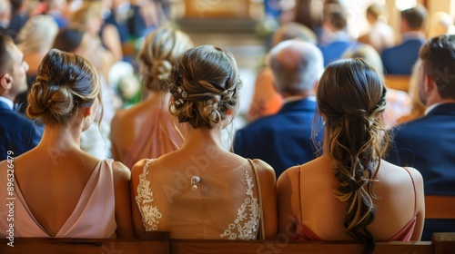 Guests at a wedding sit facing the altar women in dresses and men in suits view from the back of the guests