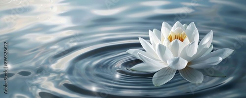 White lotus flower with rippling water circles, serene nature background. Zen and tranquility concept