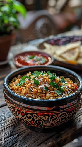 Egyptian Koshary images, Traditional Egyptian food, Delicious Koshary or Kushari. AI generated illustration photo