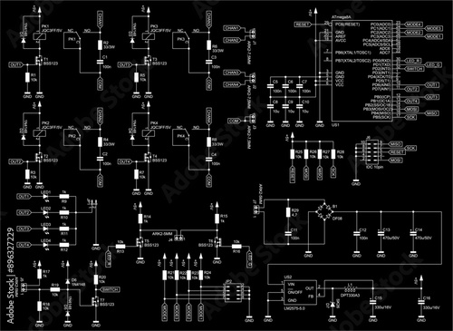 Schematic diagram of electronic device on sheet of paper. Vector drawing electrical circuit with microcontroller,
connector, led,
resistor, integrated circuit, capacitor, diode,
coil, other components