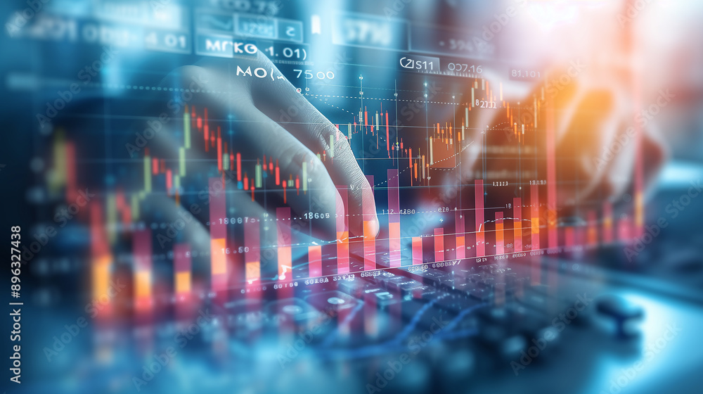 Double Exposure of Hands Typing on Keyboard With Financial Charts in Background Double Exposure of Hands Typing on Keyboard With Financial Charts in Background