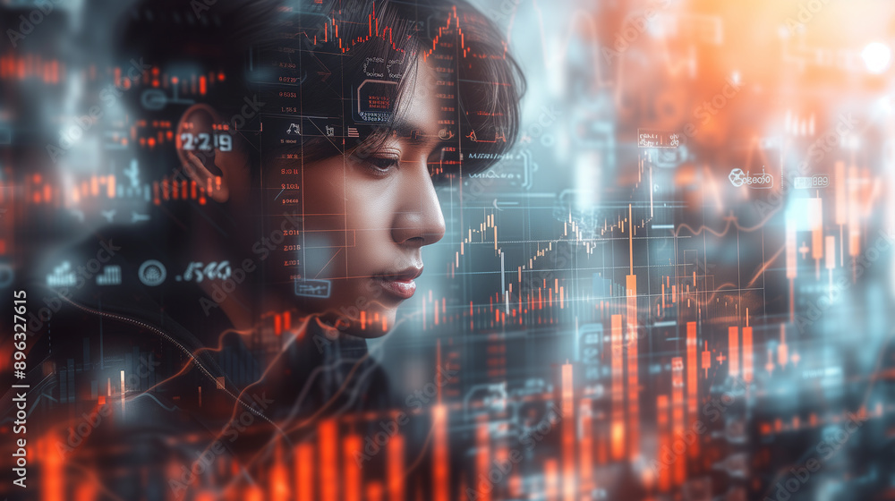 Double Exposure of a Person Looking at Financial Data Double Exposure of a Person Looking at Financial Data