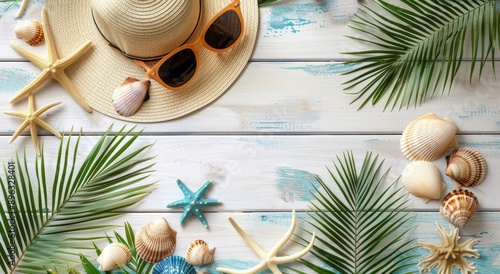 Summer Beach Accessories on Wooden Background