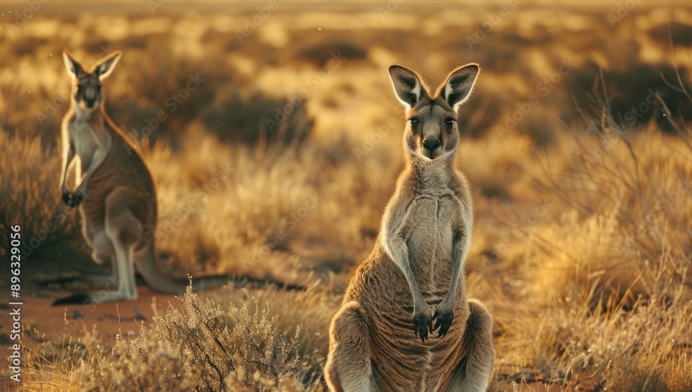 Two Kangaroos Standing in Grassy Field at Sunset Two Kangaroos Standing in Grassy Field at Sunset