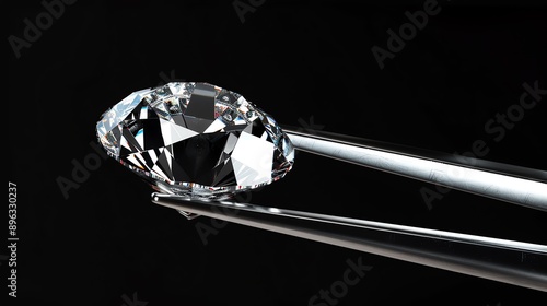 A beautiful diamond is held in a pair of tweezers. The diamond is round and has a brilliant cut.