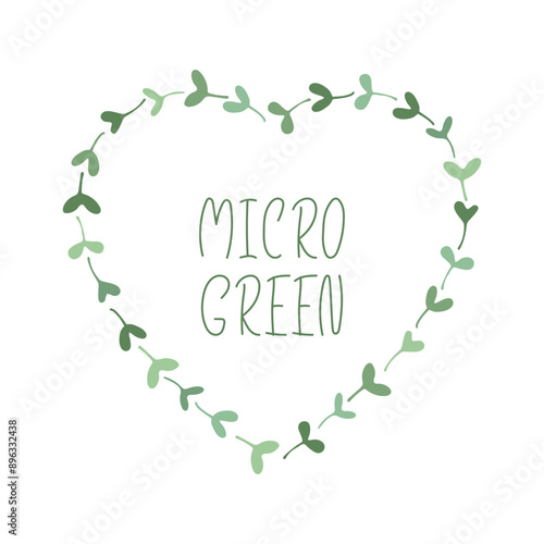 Micro green growing Heart frame. Hand drawn doodle sprouts silhouette. Healthy vegan organic food concept. Template for label, logo, print, package, menu
