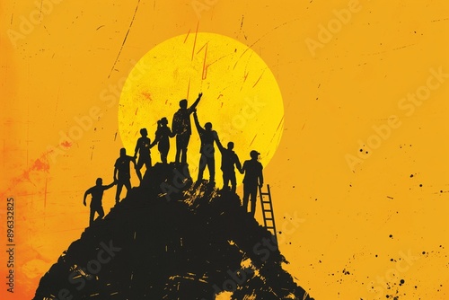 Silhouette of Leader on Ladder with Team

