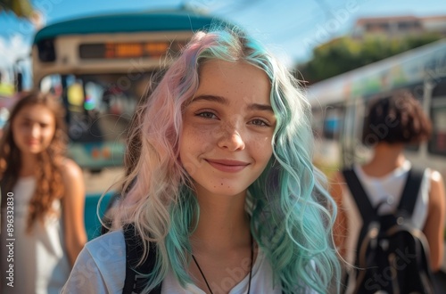 Young Woman With Pink and Blue Hair at a Bus Stop