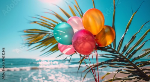 Colorful Balloons on Palm Tree by Ocean