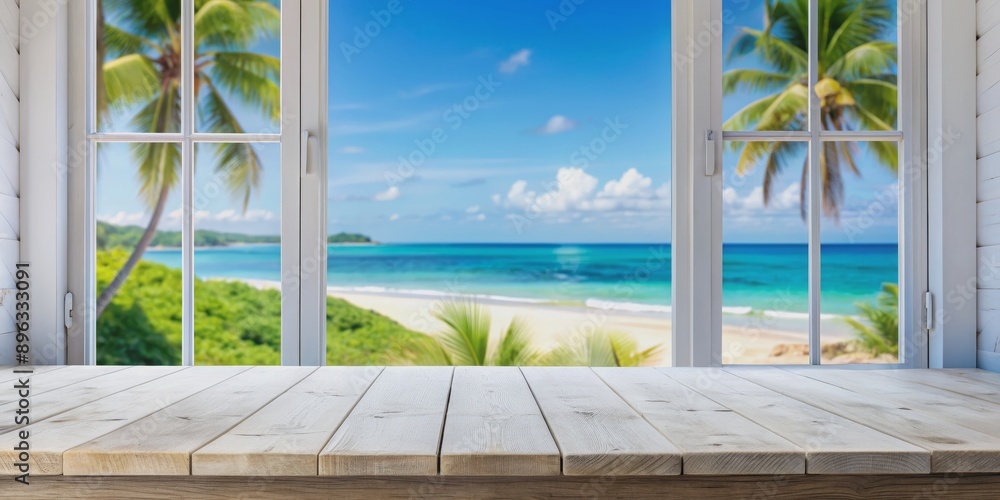 Fototapeta premium Wooden Tabletop with Palm Tree and Ocean View Window, summer, tropical, beach, vacation