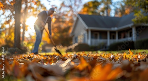 Man Raking Leaves In Autumn Yard
