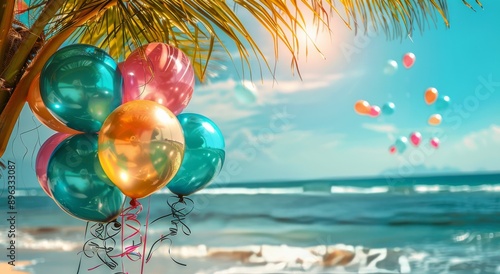 Colorful Balloons on Palm Tree by Ocean