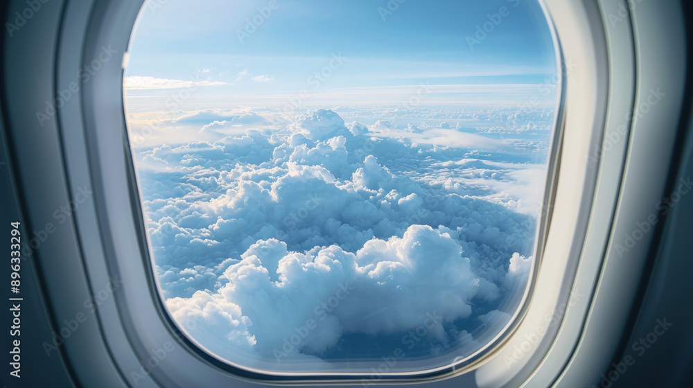 Fluffy white clouds hang high in the soft blue sky. From an airplane window, you can see the cloudscape stretching out before you. Fluffy white clouds hang high in the soft blue sky. From an airplane window, you can see the cloudscape stretching out before you.