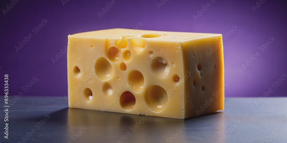 A Close-Up of a Block of Swiss Cheese on a Purple Background, cheese , swiss , dairy , food A Close-Up of a Block of Swiss Cheese on a Purple Background, cheese , swiss , dairy , food