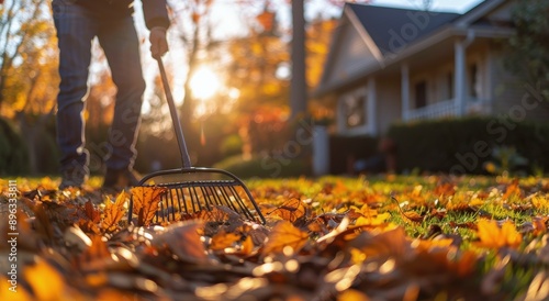 Man Raking Leaves In Autumn Yard