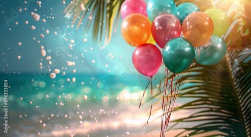 Colorful Balloons on Palm Tree by Ocean