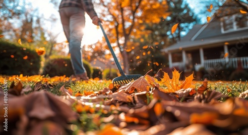 Man Raking Leaves In Autumn Yard