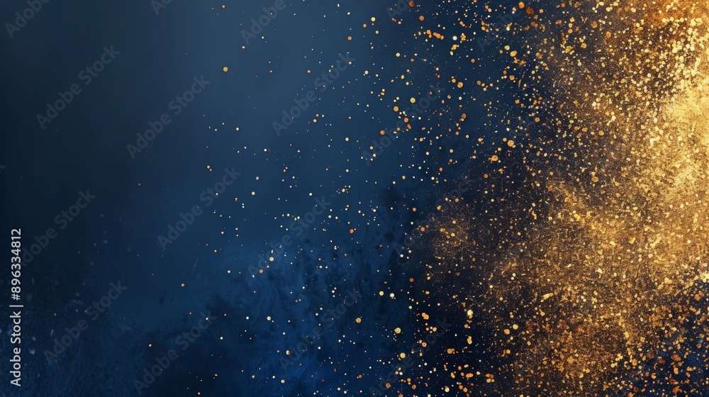 Fototapeta premium Abstract background with golden particles exploding from the right side on blue background, creating a stunning visual effect