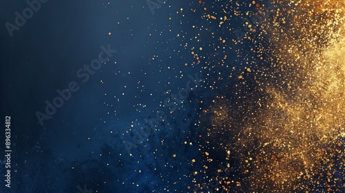 Abstract background with golden particles exploding from the right side on blue background, creating a stunning visual effect