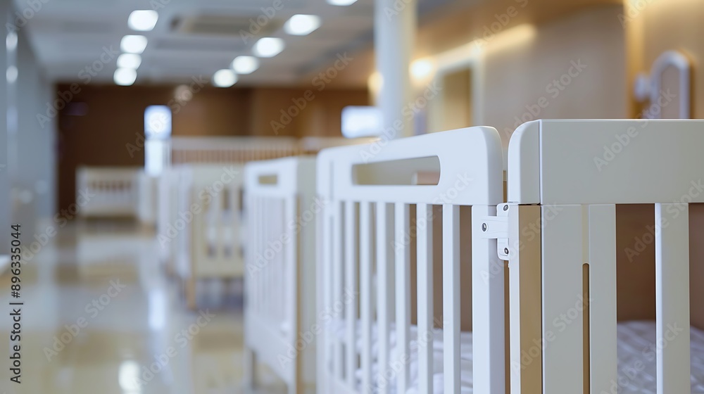 Baby cribs at a maternity ward low birth rate and fertility concept Baby cribs at a maternity ward low birth rate and fertility concept