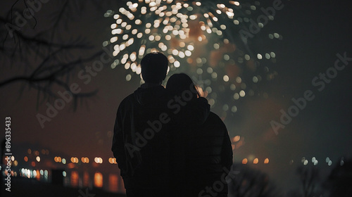 couple in the night with firework on the night sky