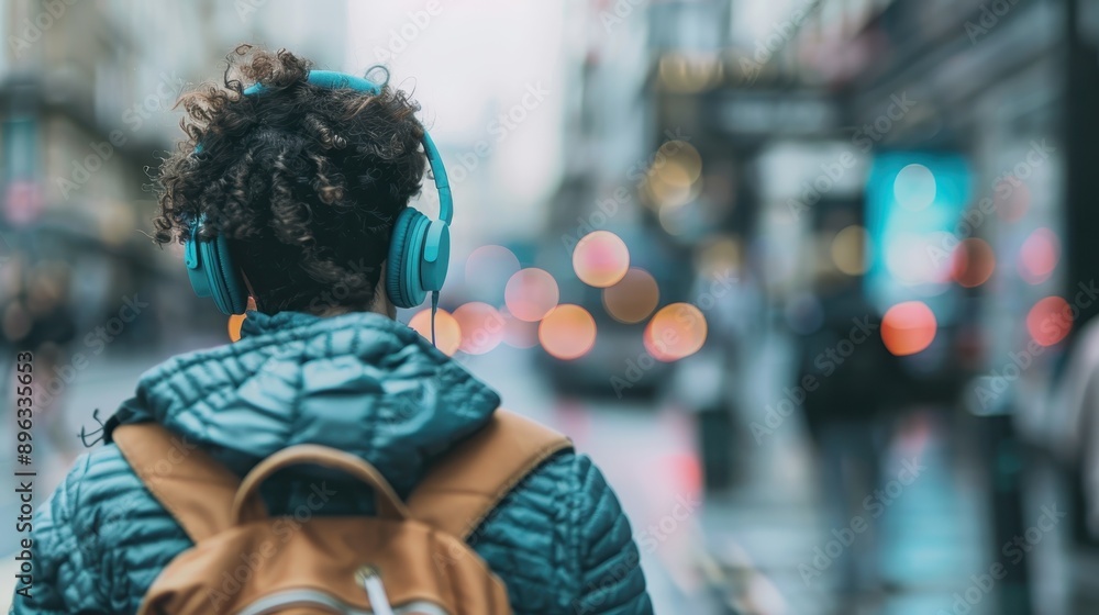 Obraz premium A person with curly hair is wearing a teal jacket and headphones, standing on a rainy city street with blurred colorful lights and people in the background.