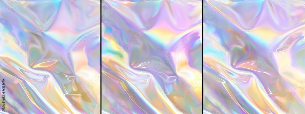 Abstract, iridescent swirls with a metallic sheen across three panels Abstract, iridescent swirls with a metallic sheen across three panels