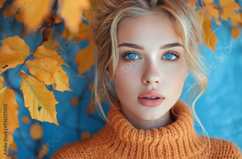 Woman With Blue Eyes and Orange Sweater in Autumn