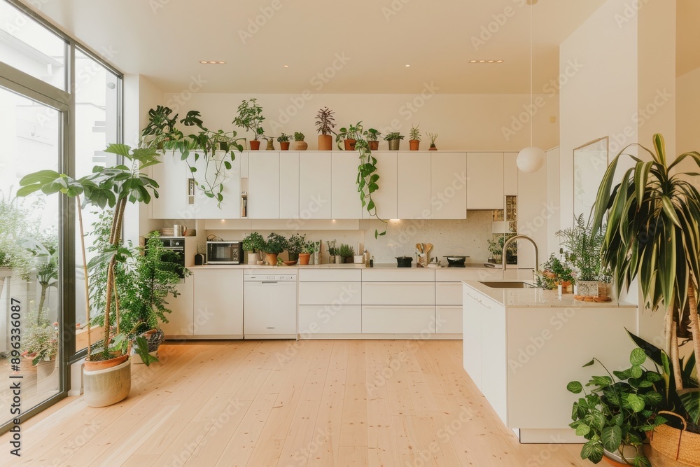 Interior of modern kitchen with white cabinets and plants. Nobody inside Interior of modern kitchen with white cabinets and plants. Nobody inside