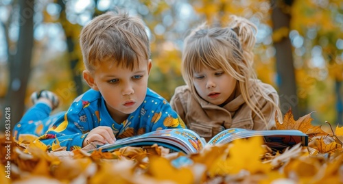 Children Reading in Autumn Leaves