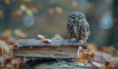 Owl Perched on Old Book in Autumn