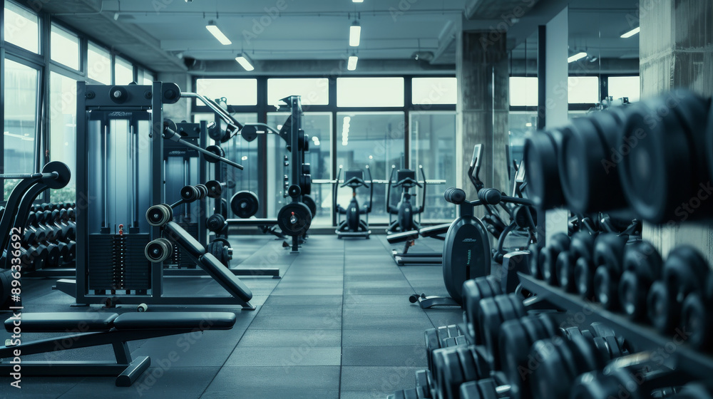 Fototapeta premium Gym with modern workout tools and weights neatly organized on racks.