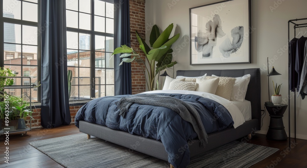 Obraz premium Modern Bedroom With Blue Bedding