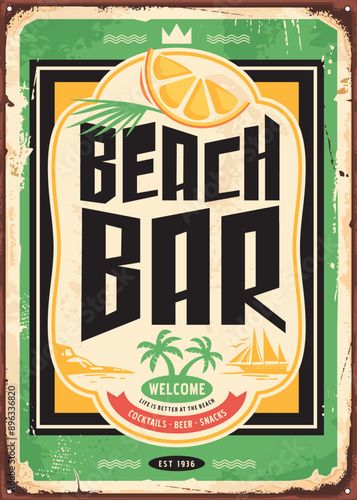 Tropical beach bar vintage advertising sign on old metal background. Travel and vacation retro vector cafe bar illustration. Exotic summer holiday destinations poster idea.